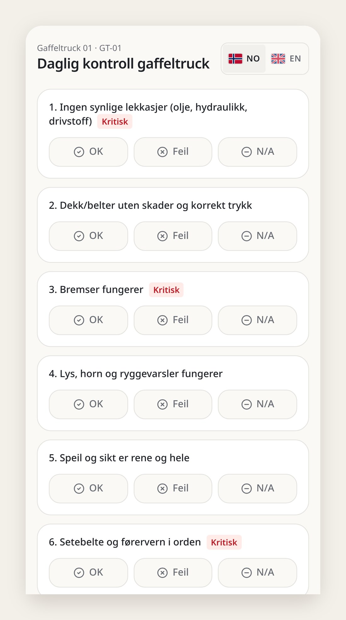 Utdrag av standard sjekkliste for daglig kontroll av truck på mobil i Utstyrsjekk