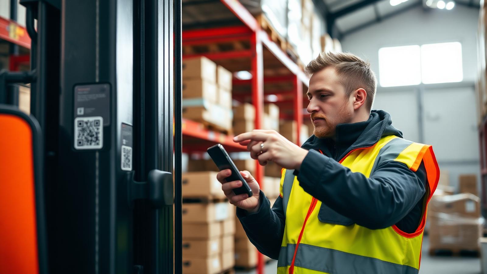 Ansatt skanner QR-kode på gaffeltruck med mobilkamera