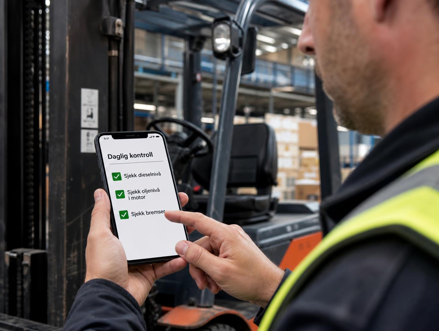 Operatør huker av punktene i en daglig kontroll på mobilen ved gaffeltrucken