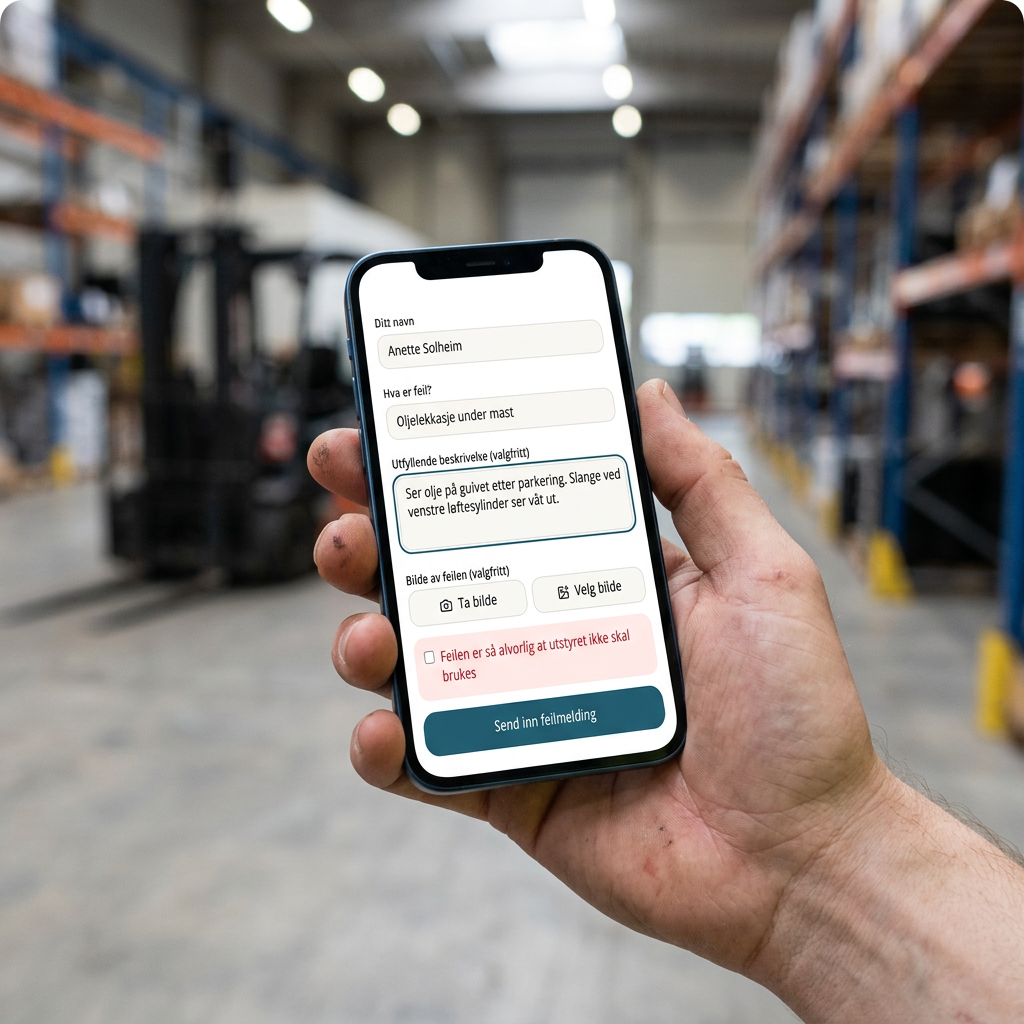 Ansatt holder mobilen med skjema for å melde feil på utstyr