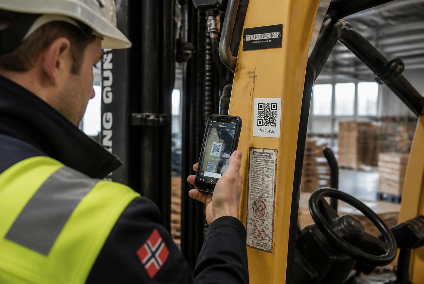 Ansatt skanner QR-koden på en gaffeltruck med mobilen
