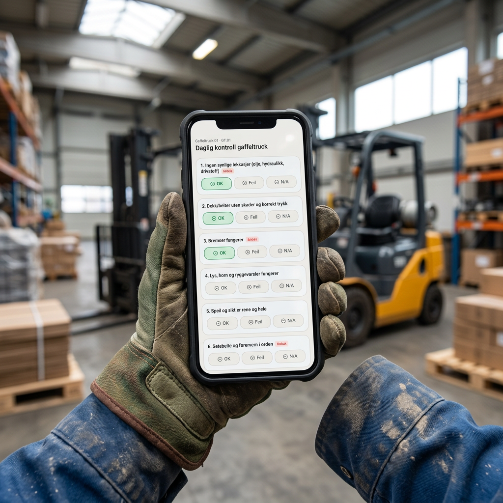 Ansatt holder mobilen med daglig kontroll av gaffeltruck på skjermen