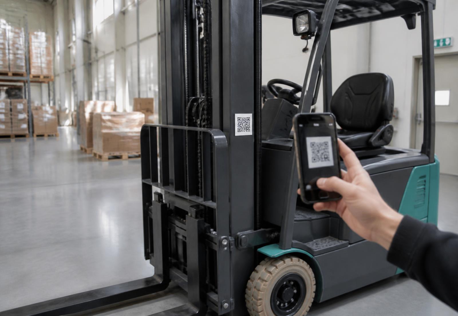 Ansatt skanner QR-kode på gaffeltruck i et lager