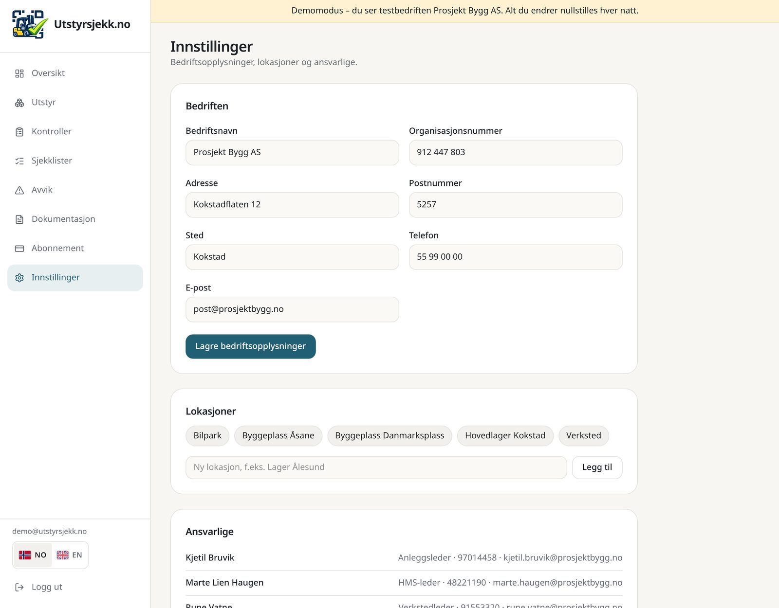 Innstillinger med lokasjoner og ansvarlige personer