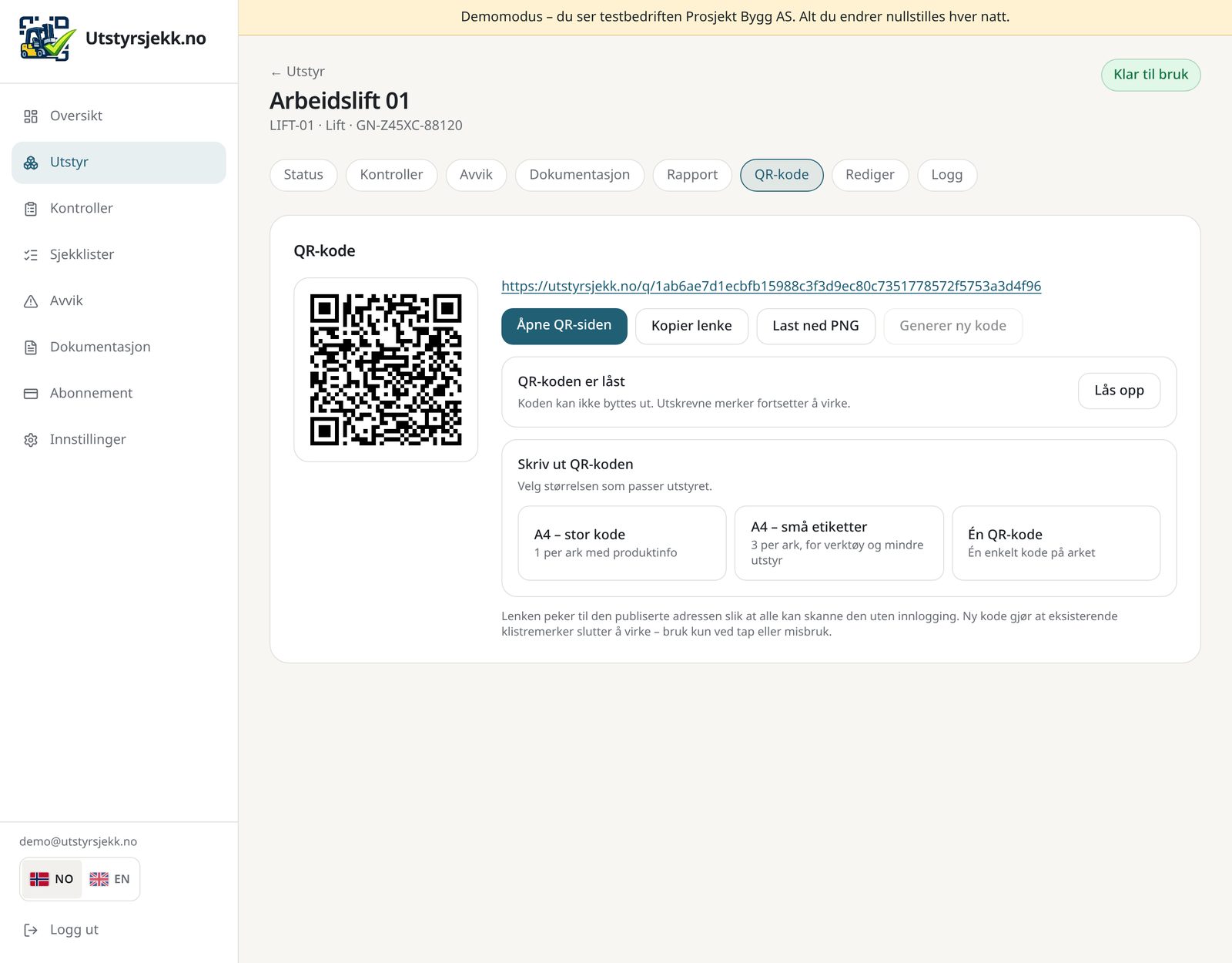 QR-kodefanen med utskriftsvalg for etiketter