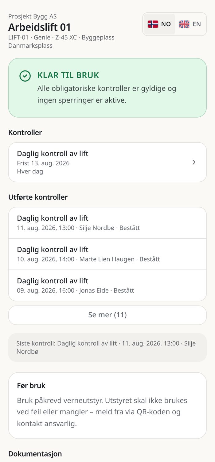 Statussiden for en lift slik den ser ut på mobil etter skanning