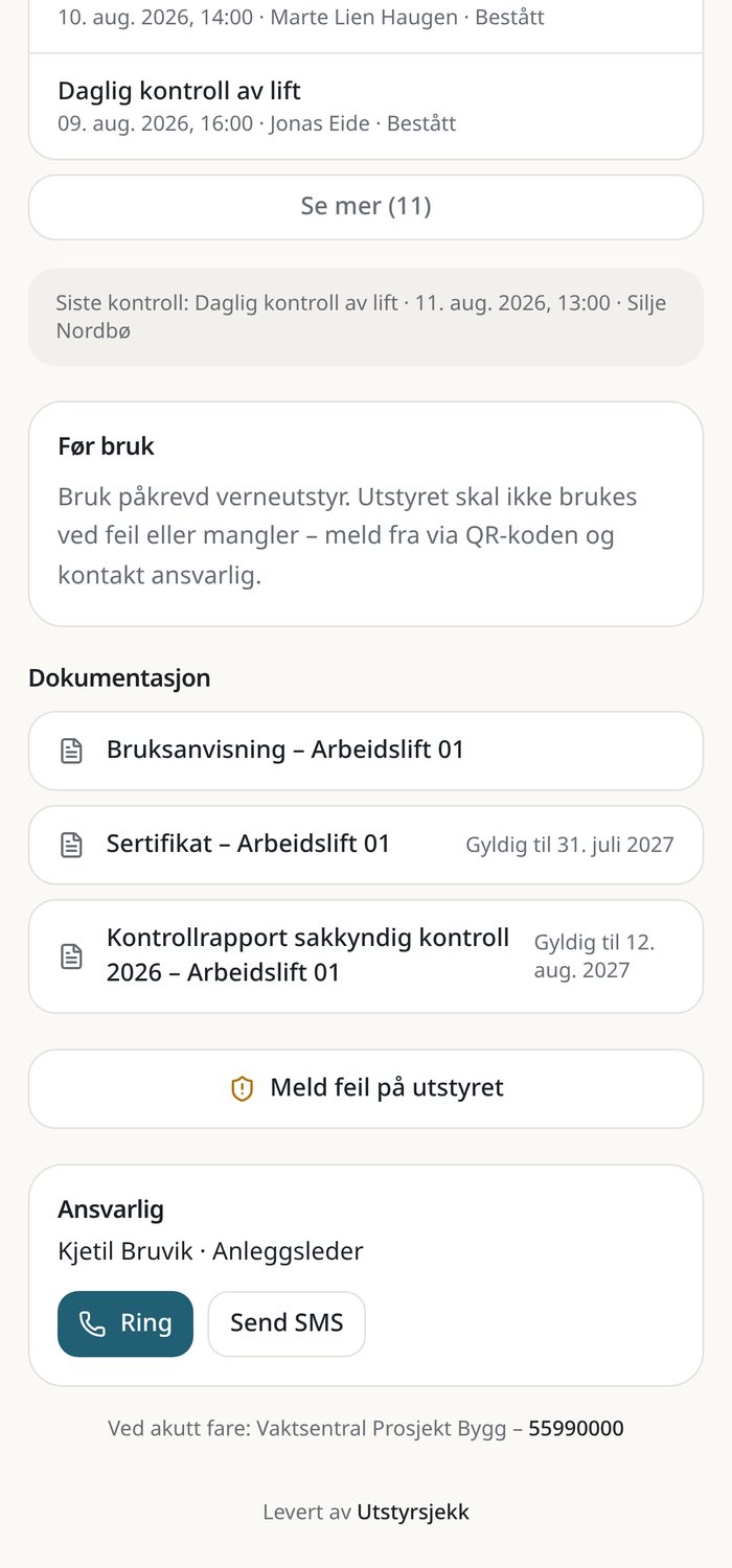 Kommende og utførte kontroller på QR-siden