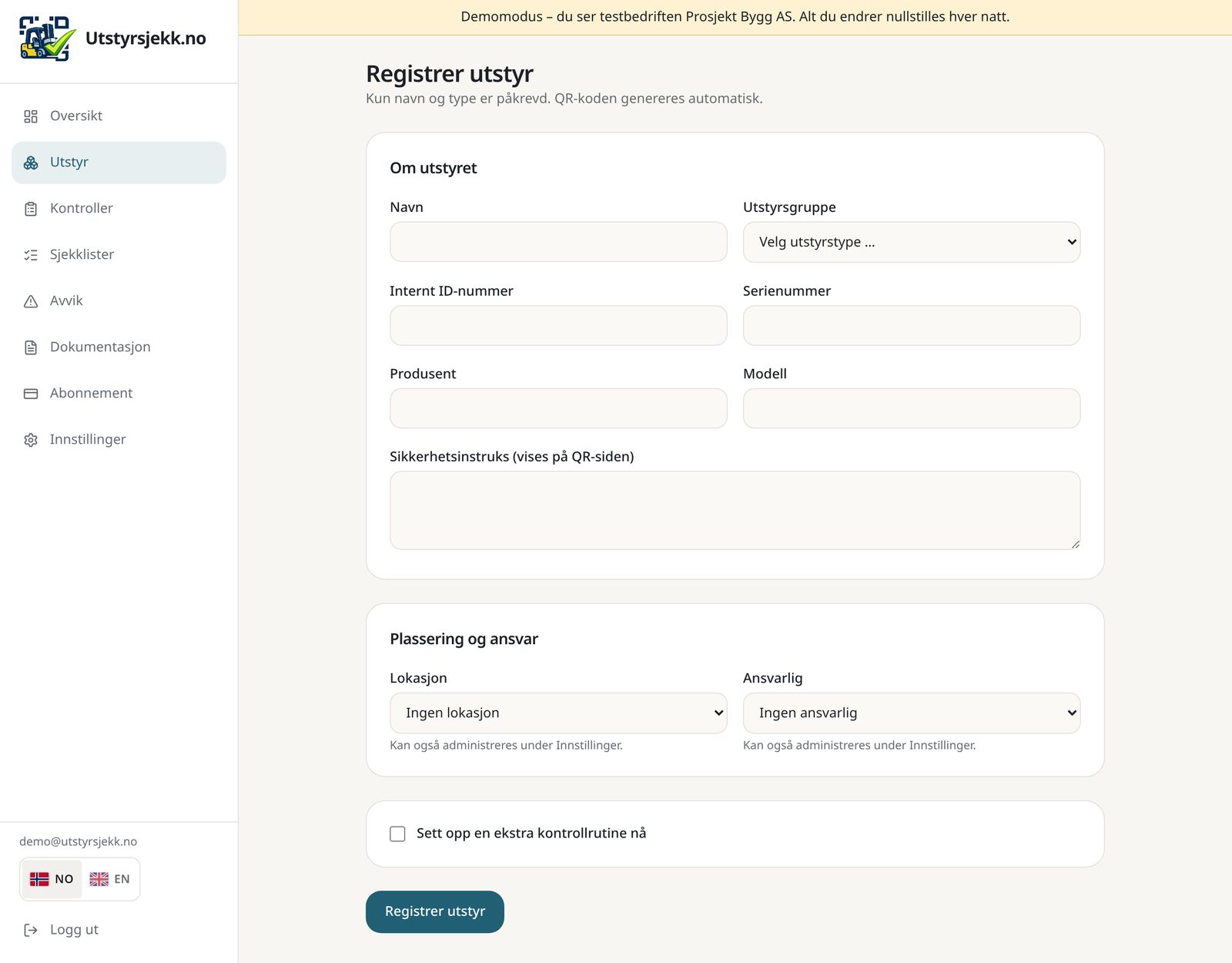 Skjemaet for å registrere nytt utstyr i Utstyrsjekk