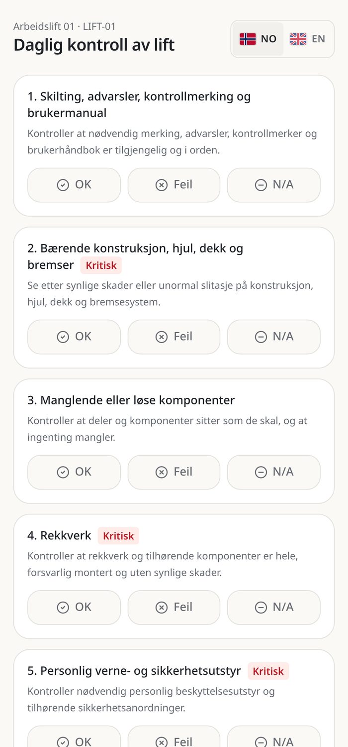 Utfylling av daglig kontroll på mobil