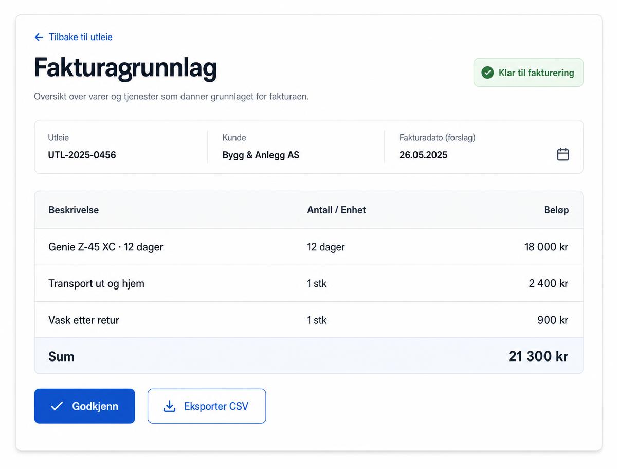 Skjermbilde av fakturagrunnlag med linjer og totalsum