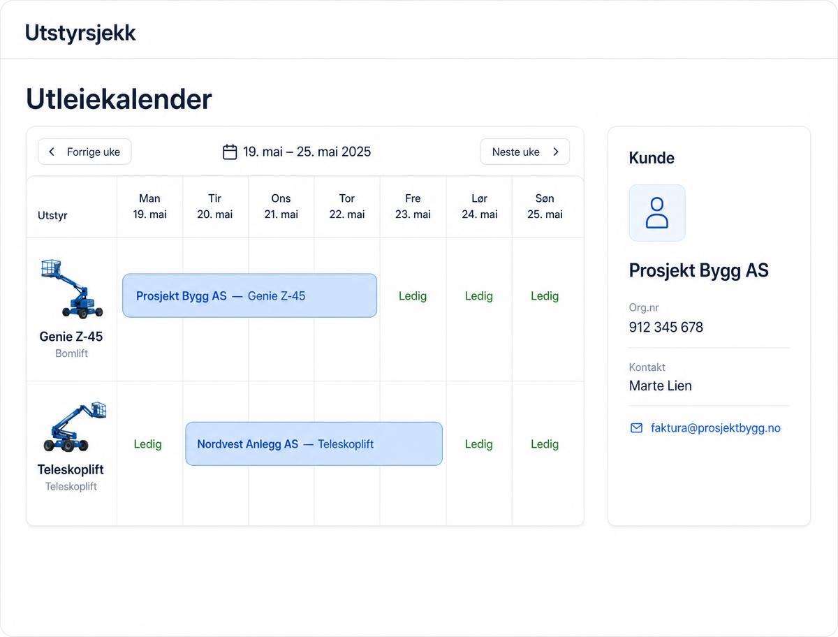Skjermbilde av utleiekalender med bookinger og et kundekort