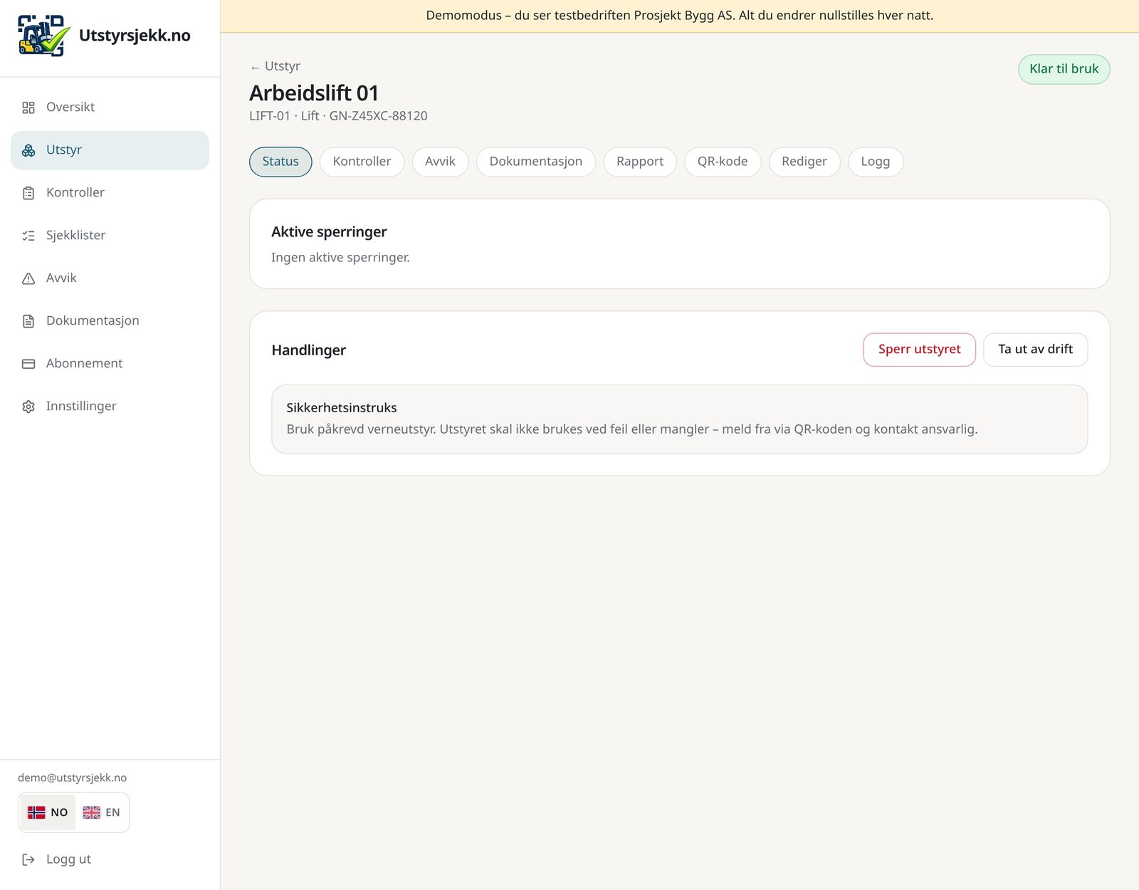 Statussiden for Arbeidslift 01 med faner for kontroller, avvik og dokumentasjon