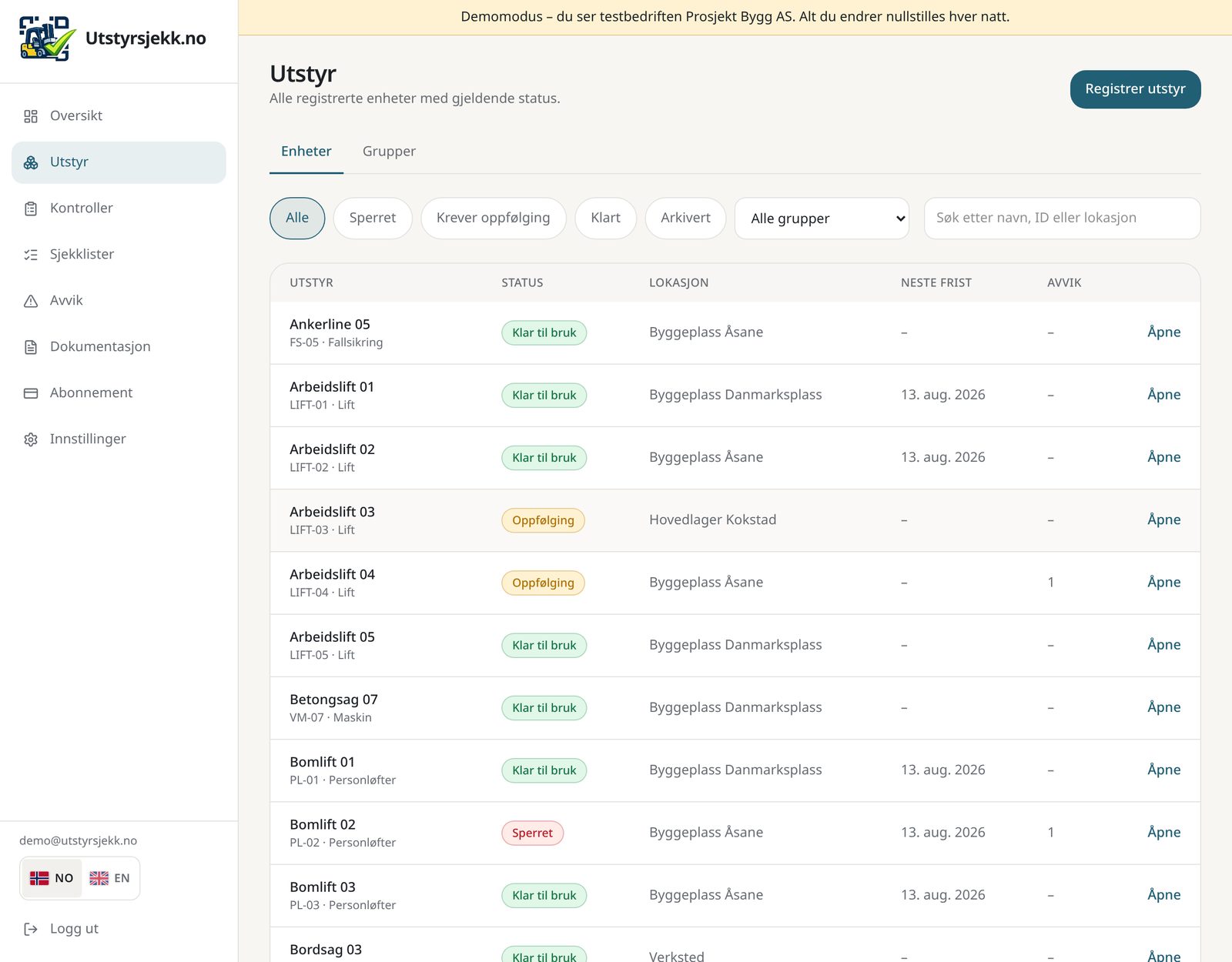 Utstyrslisten med status, lokasjon og neste frist per enhet